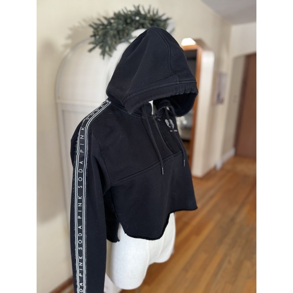 Pink Soda Sport Hoodie Womens Medium Black Cropped Pullover Logo Sleeves - Picture 3 of 10